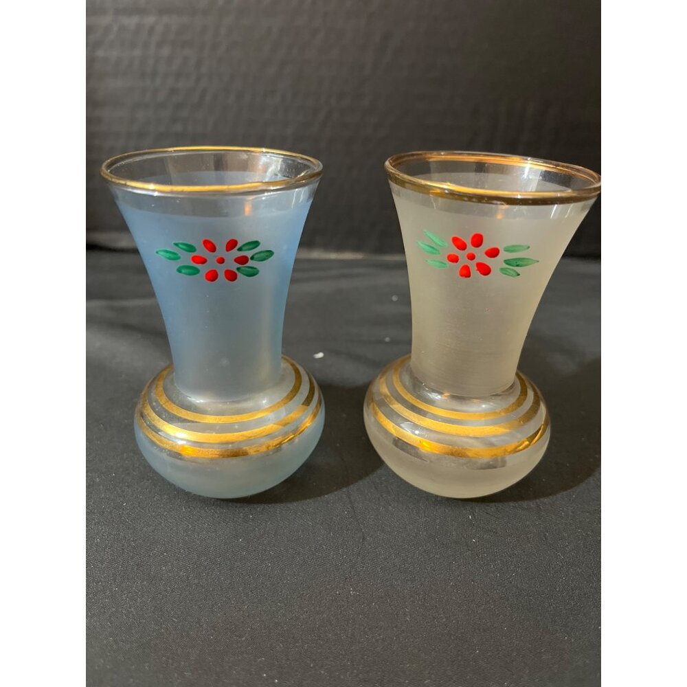 Hand Painted Bartlett Collin’s Bud Vases Gold Gilt Red Flowers Frosted Set of 2